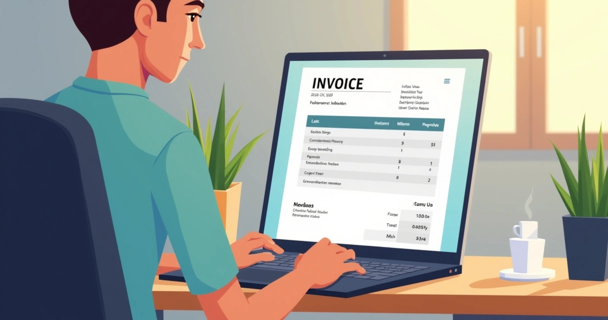 Freelancer preparing invoice on laptop with clear payment clauses. 