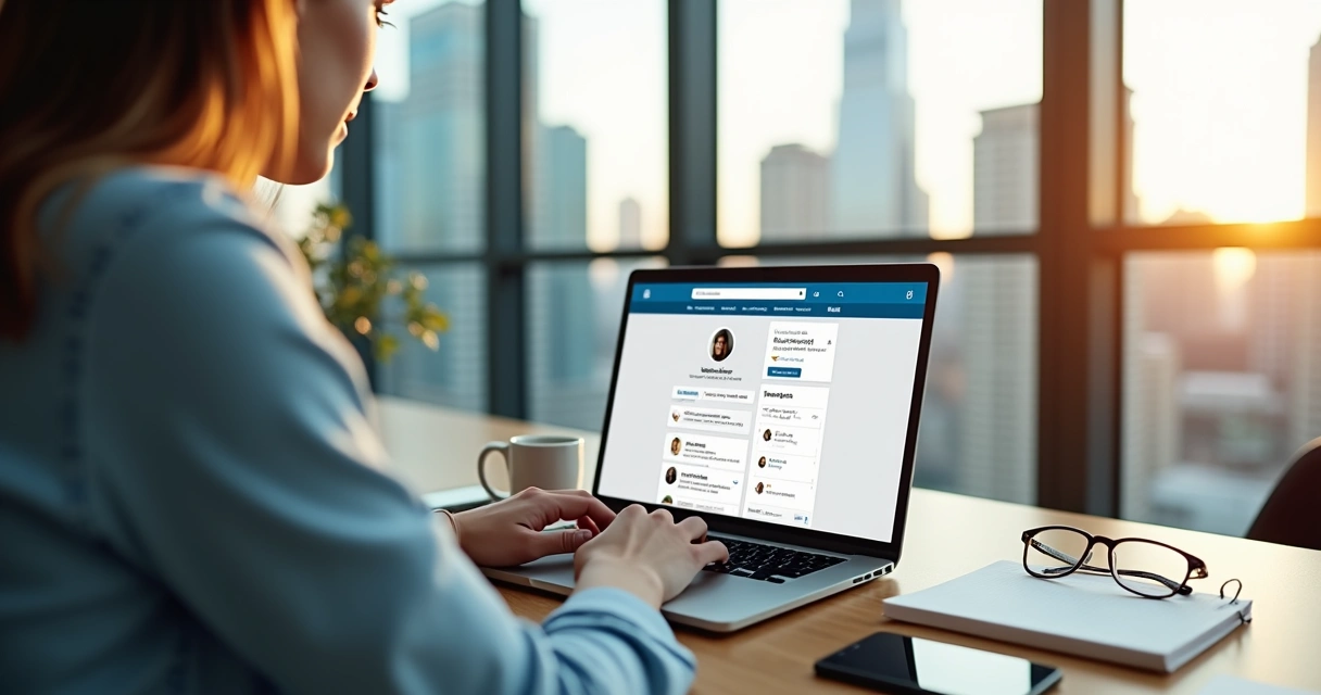 Mulher freelancer usando notebook com tela do LinkedIn aberta em escritório moderno 