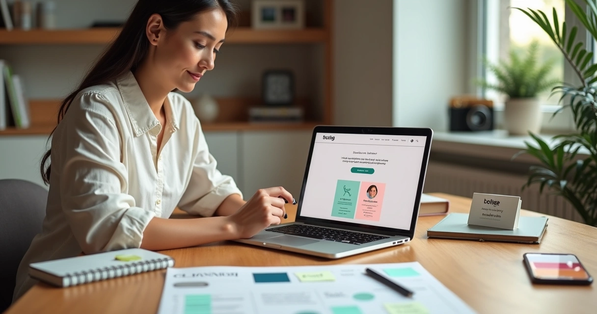 Freelancer mulher organizando sua marca pessoal em notebook com materiais de identidade visual 