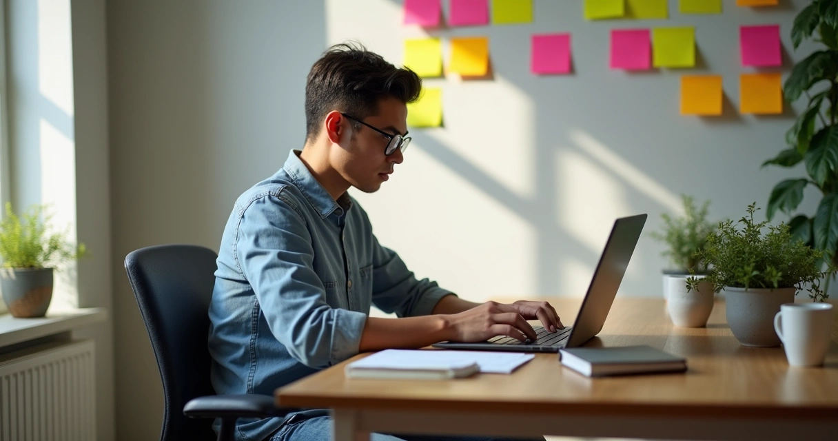 Freelancer de marketing em casa com notebook e post-its 