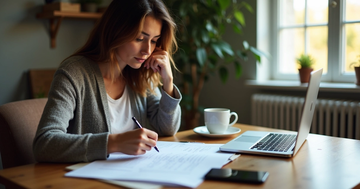 Freelancer sentado à mesa lendo contrato impresso