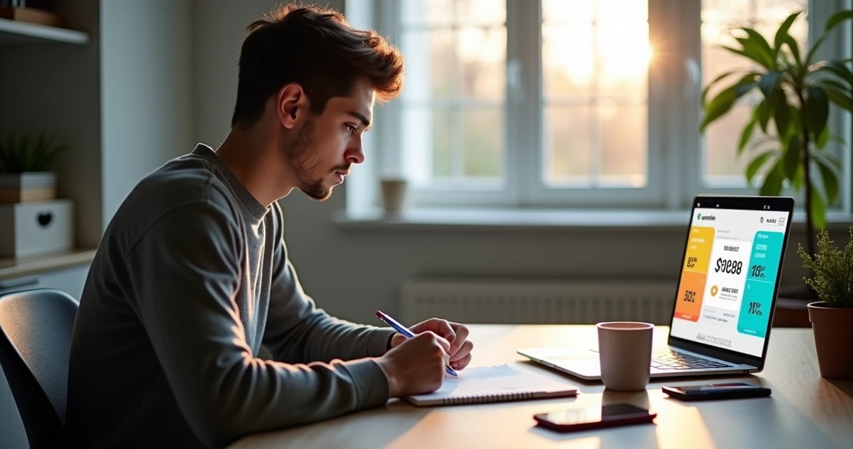 Jovem profissional autônomo anotando dados em um caderno olhando para aplicativo financeiro no notebook