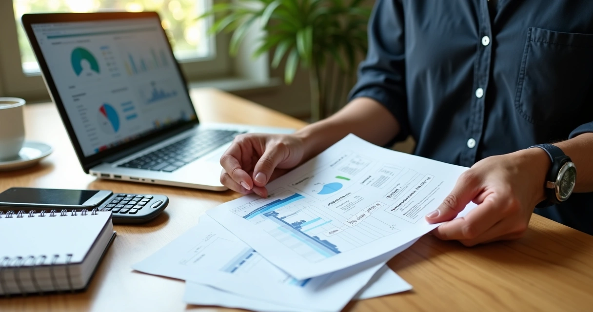 Freelancer organizando documentos financeiros com notebook e calculadora na mesa 