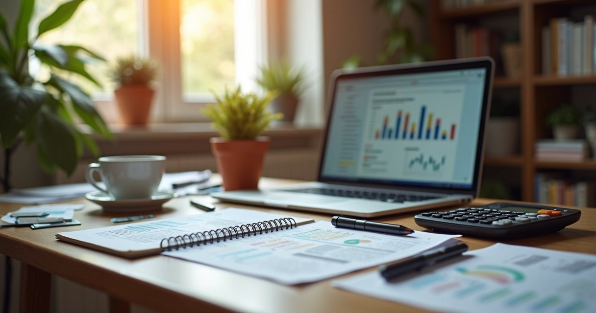 Freelancer organizando finanças em home office com notebook, cadernos e planilhas espalhadas sobre a mesa 