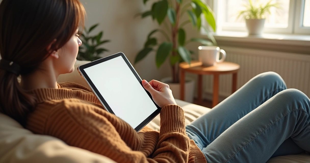 Pessoa descansando no sofá segura um tablet com tela escura, ambiente tranquilo
