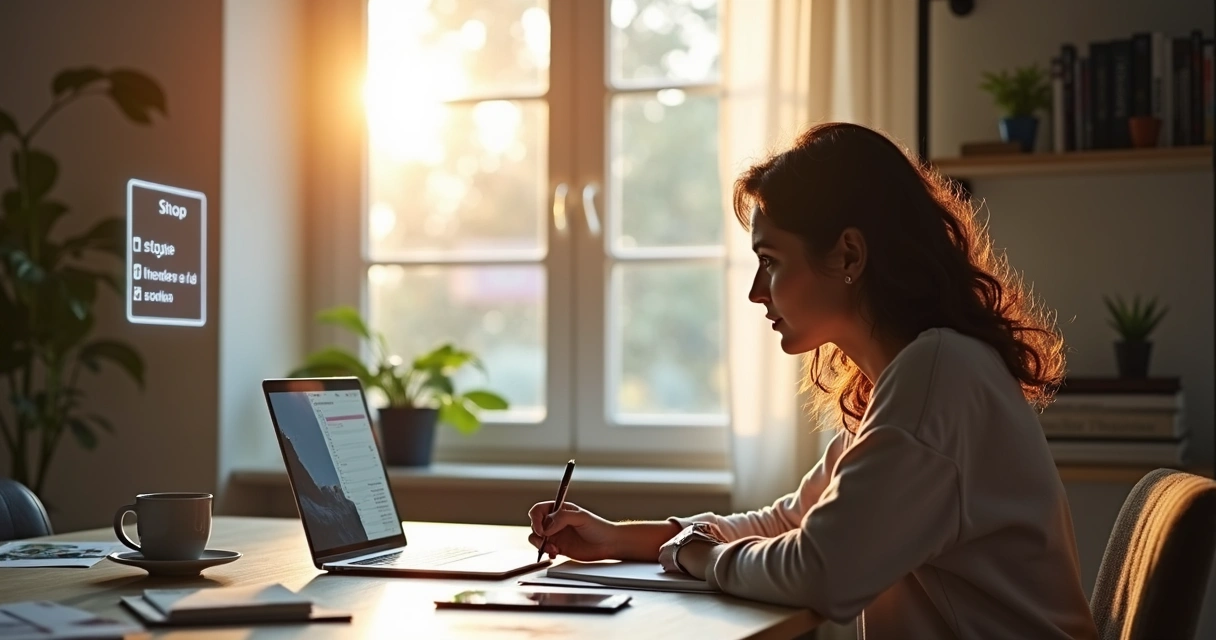 Pessoa em frente ao computador fazendo anotações em um bloco