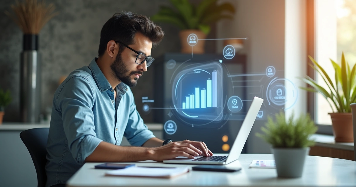 Freelancer revisando um contrato digital com gráficos de IA ao fundo.