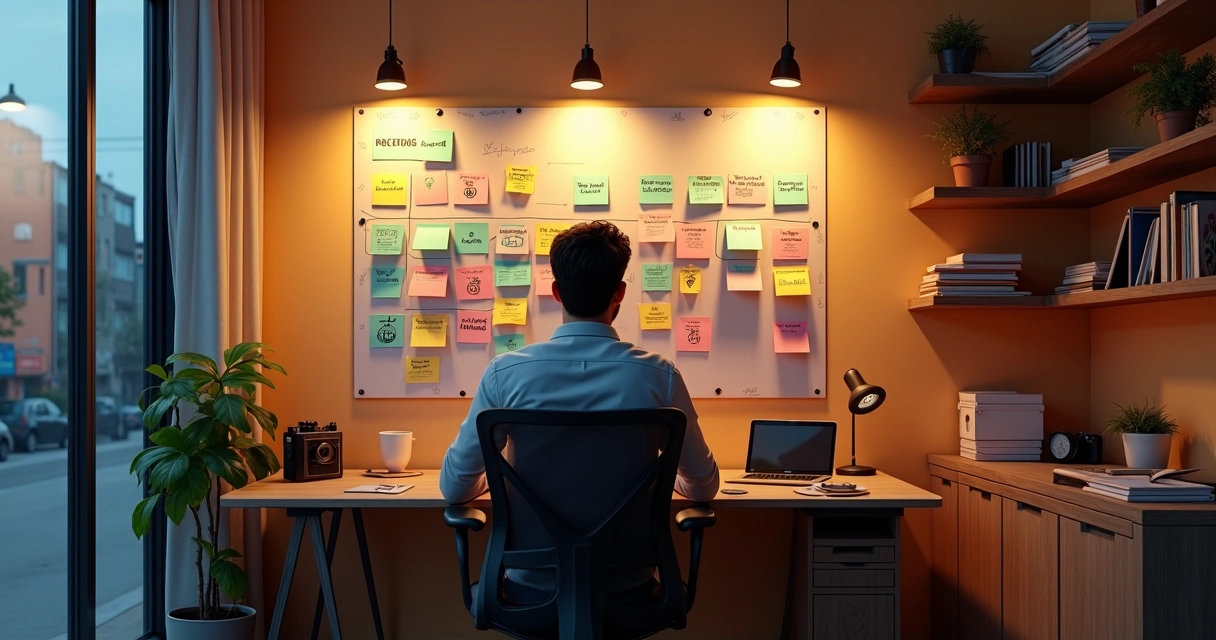 Freelancer organiza finanças pessoais em quadro kanban colorido na parede 