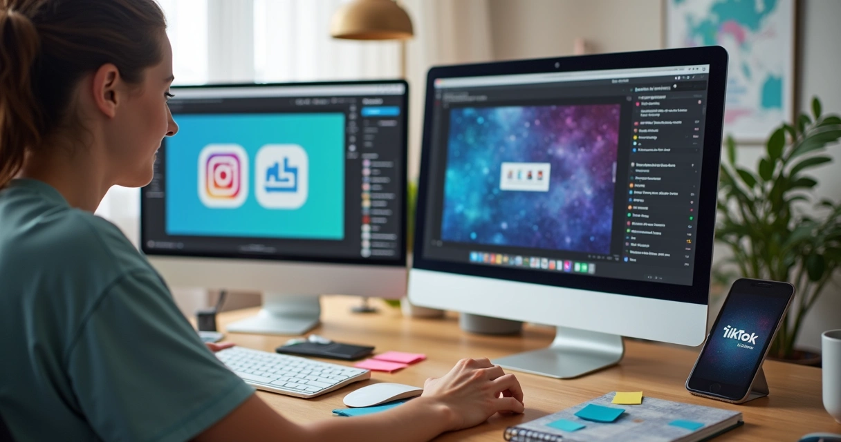 Pessoa organizando perfis de redes sociais em telas