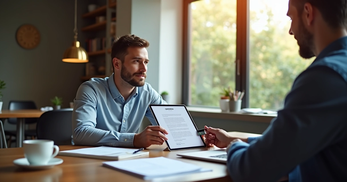Freelancer mostrando contrato digital a cliente na mesa de trabalho
