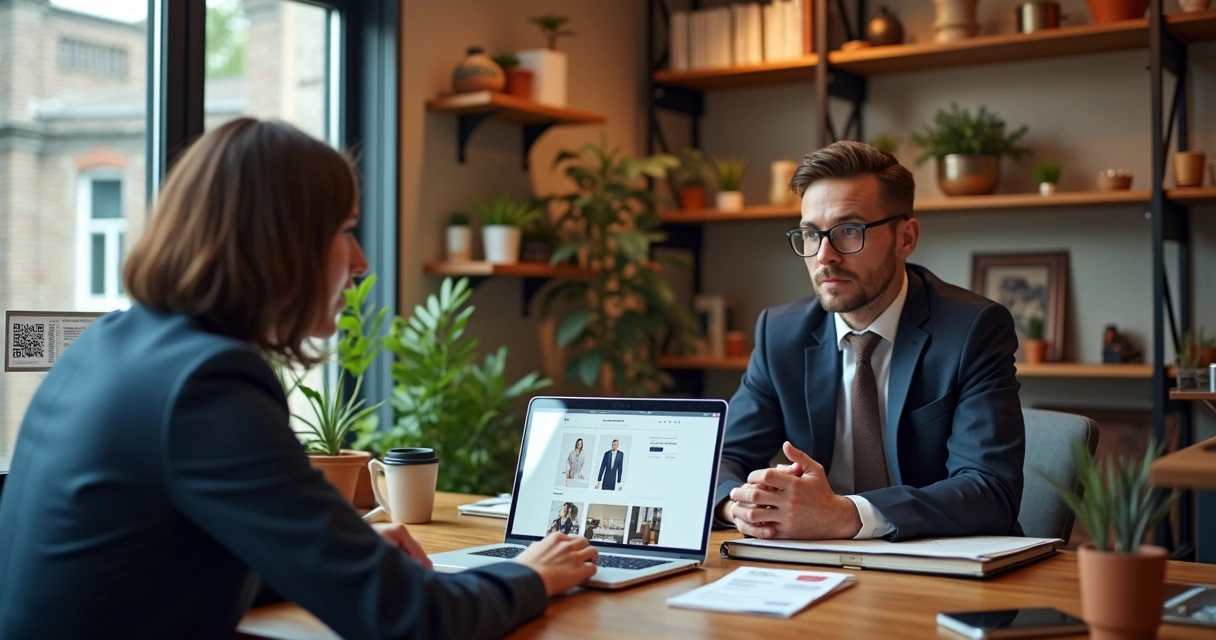 Freelancer apresentando site para lojista em reunião 
