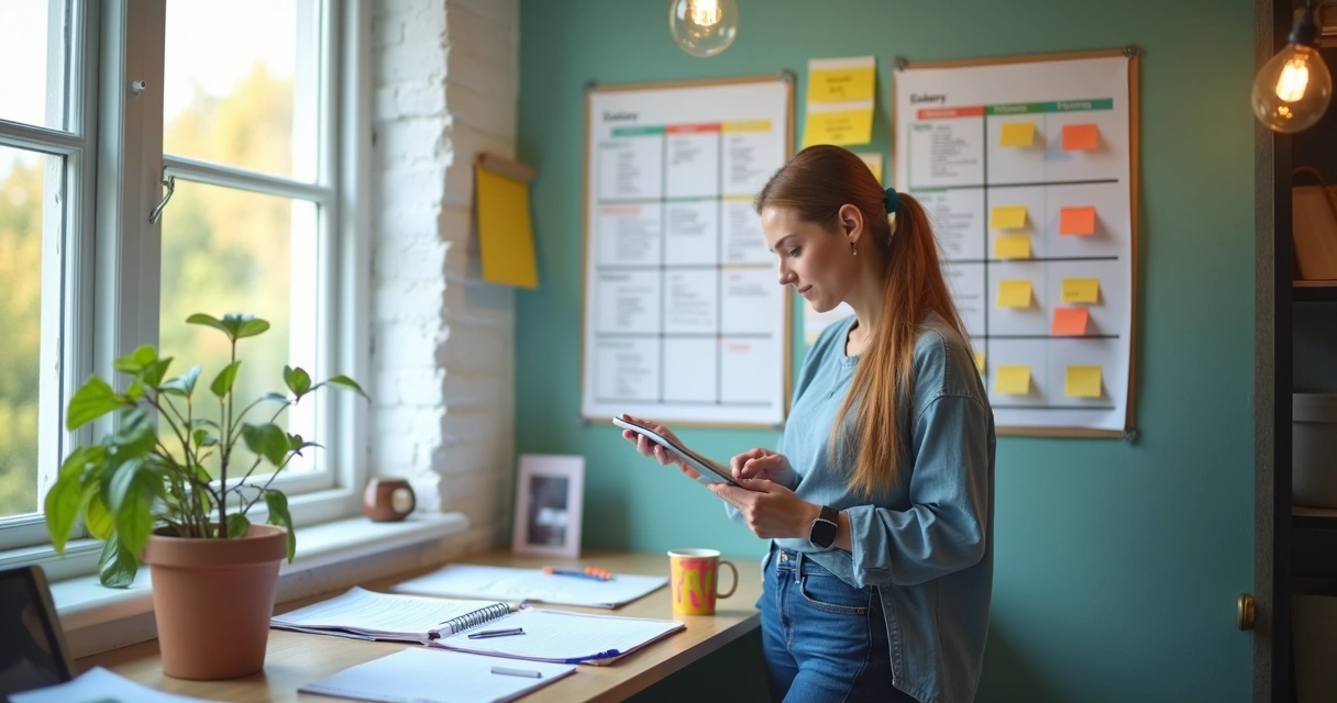 Pessoa freelancer revisando planejamento em quadro na parede