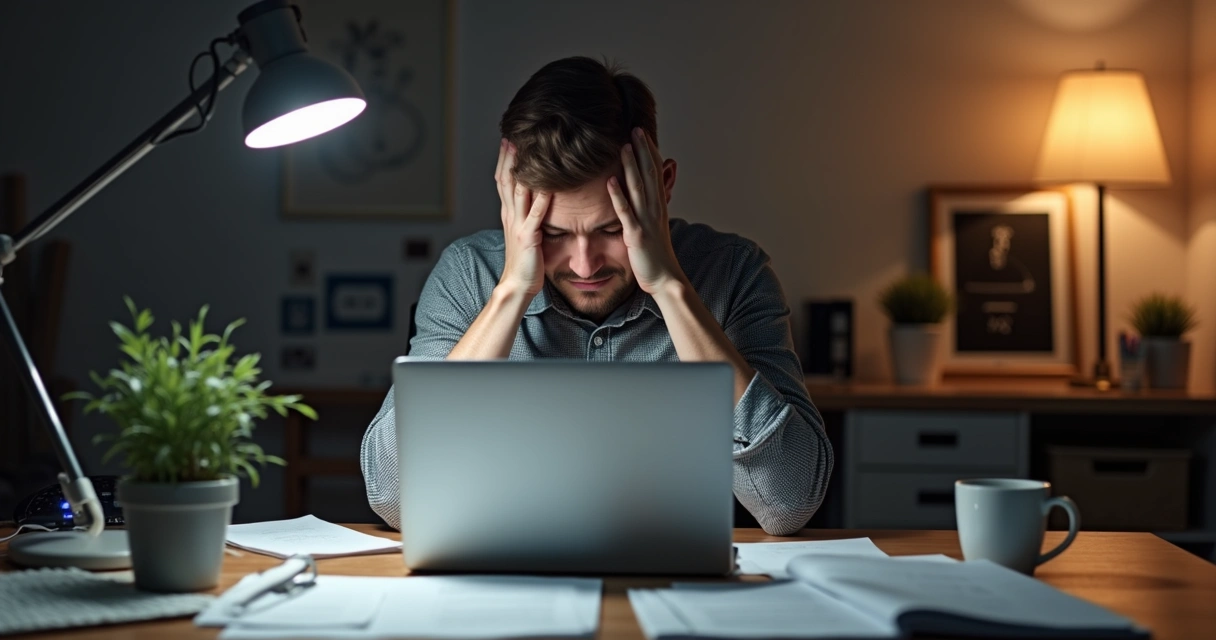 Freelancer sentado em frente ao notebook com expressão de cansaço