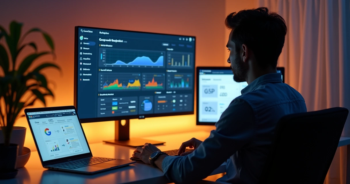 Freelancer de tráfego analisando painel unificado de campanhas Google e Meta Ads 