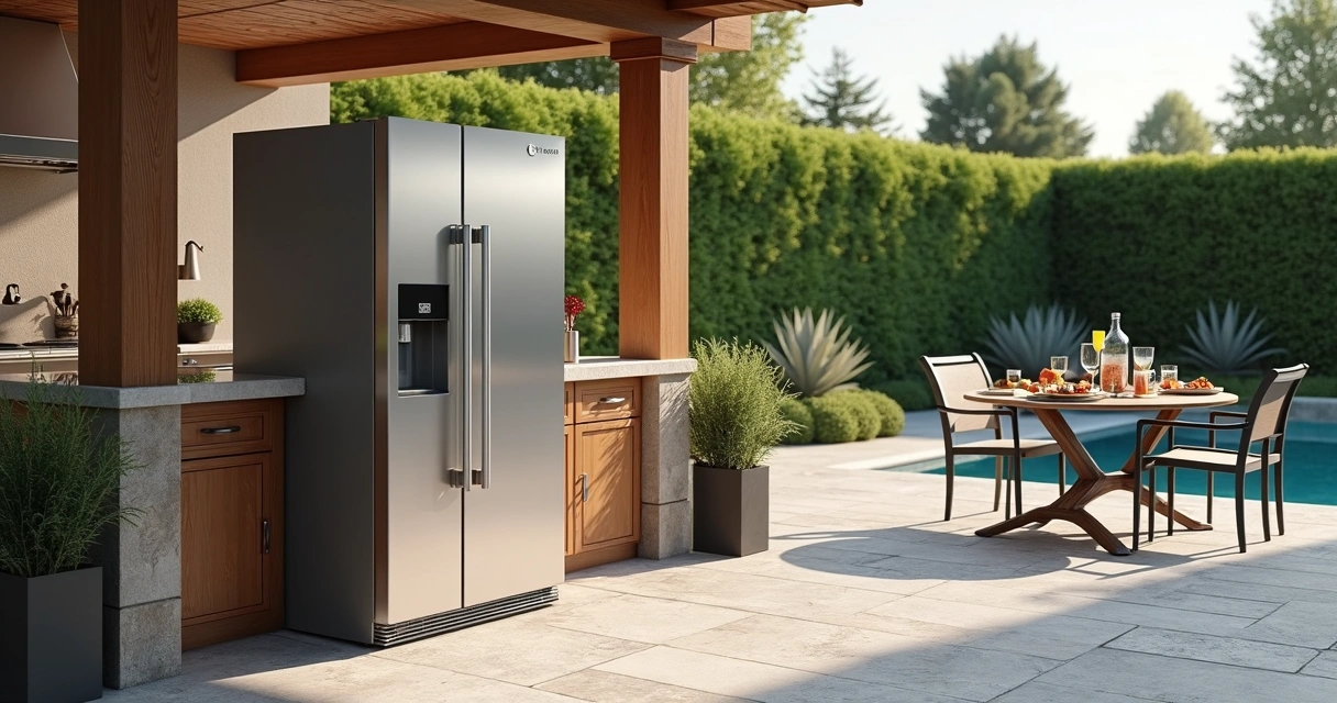 Freestanding outdoor fridge in backyard patio setting 