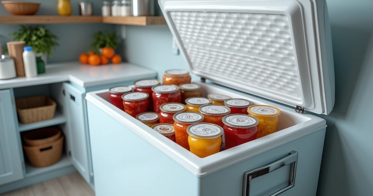 Freezer aberto com estoques de congelados organizados em caixas