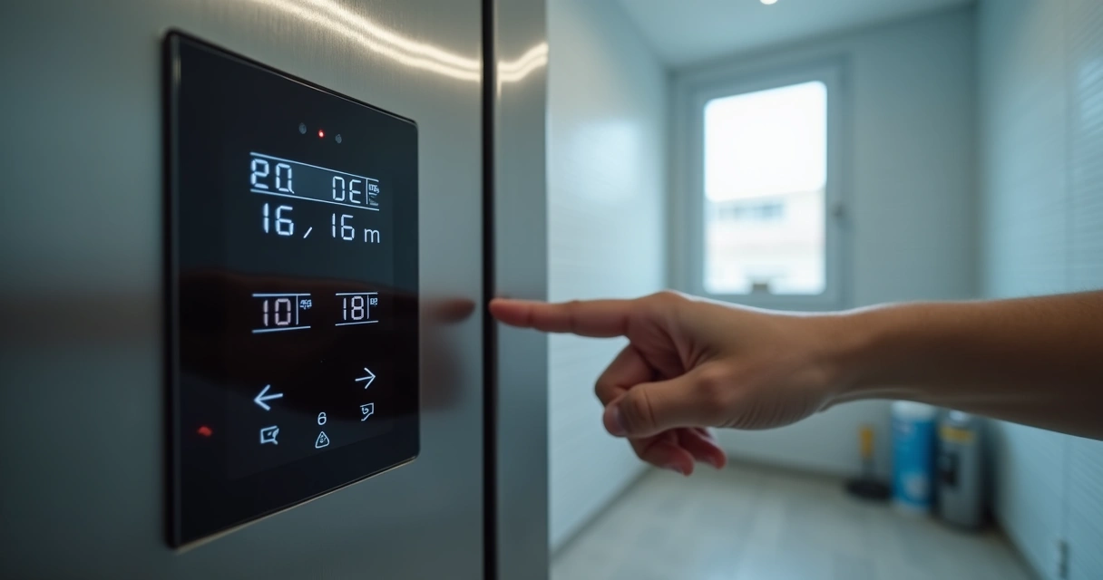 Mão ajustando painel digital de freezer com aviso de erro aceso 