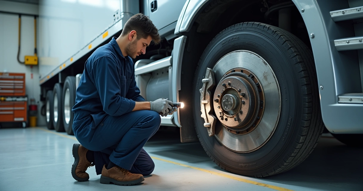 Mecânico inspecionando o sistema de freios de caminhão em oficina 