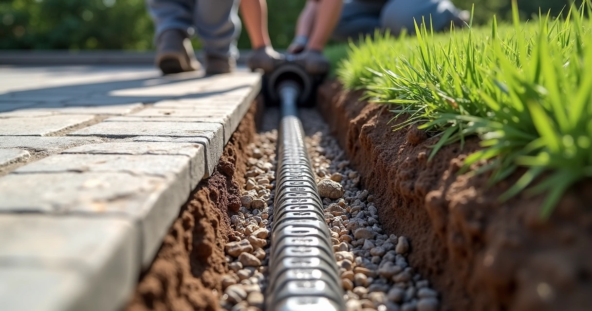 French drain being installed under a patio edge with gravel and pipe 