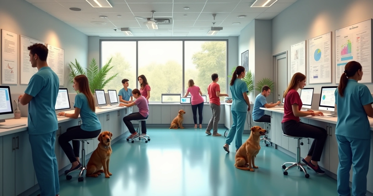 Recepção movimentada em clínica veterinária com computadores modernos