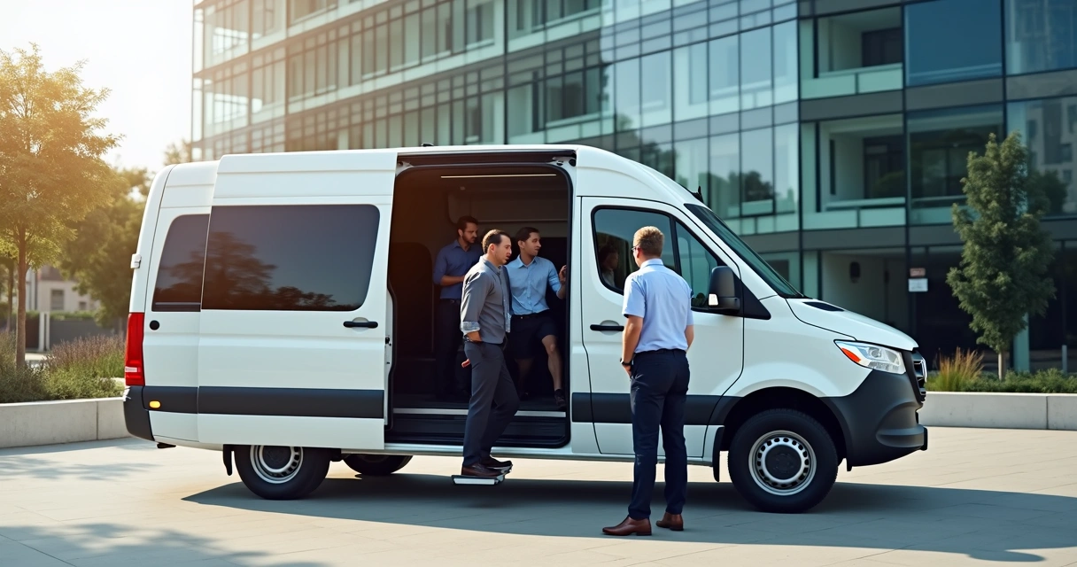 Van corporativa branca parada em frente a prédio comercial, com colaboradores entrando e motorista ajudando 
