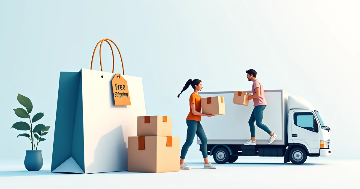 Sacola de compras online e caminhão pequeno indicando frete grátis 