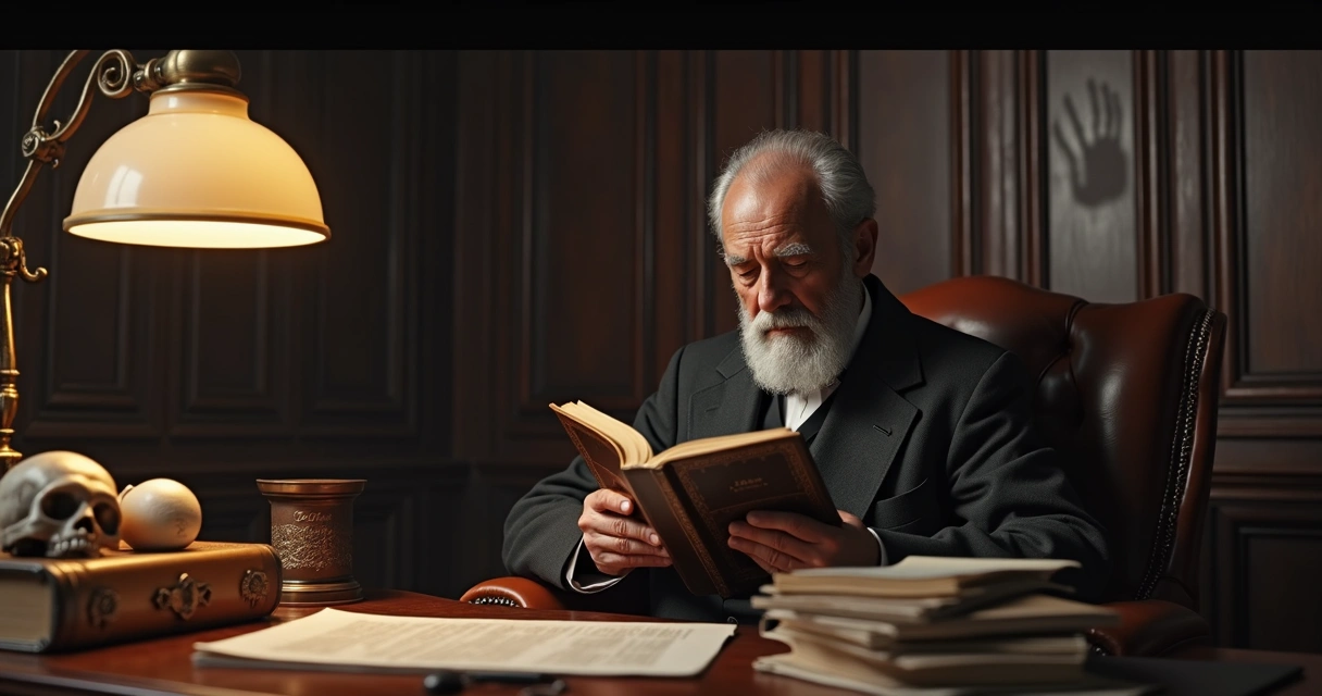 Freud lendo um livro antigo em um gabinete escuro 