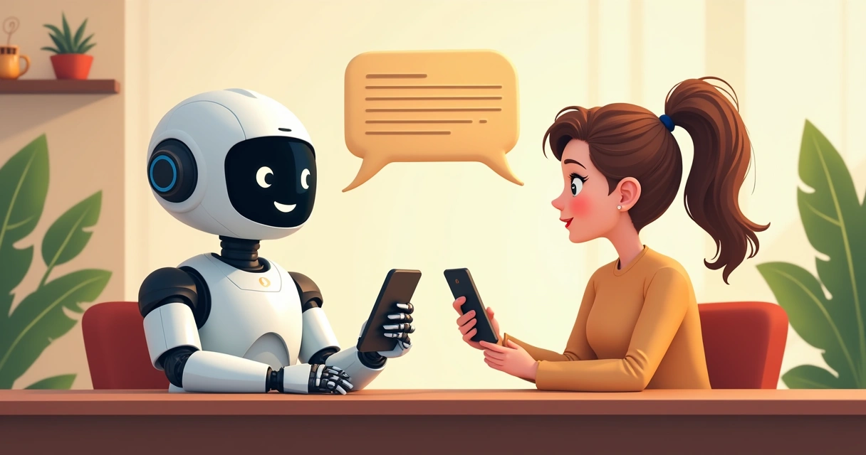 Robô de chatbot cartoonizado conversando de forma simpática com cliente humano