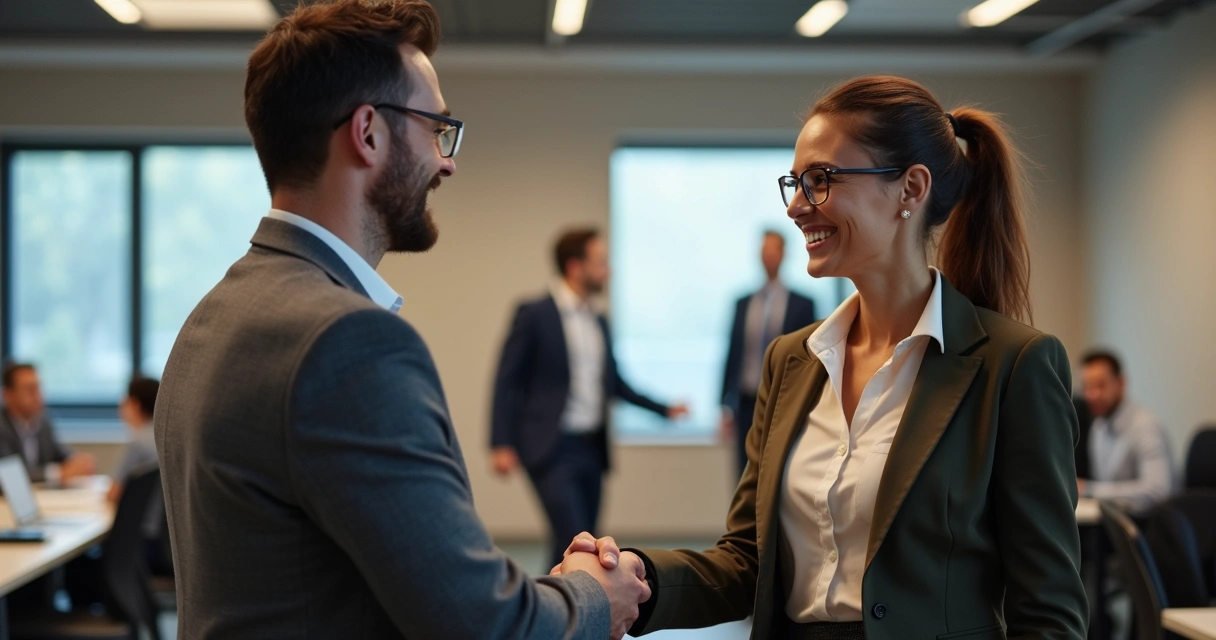 Two coworkers shaking hands and smiling in an office setting 