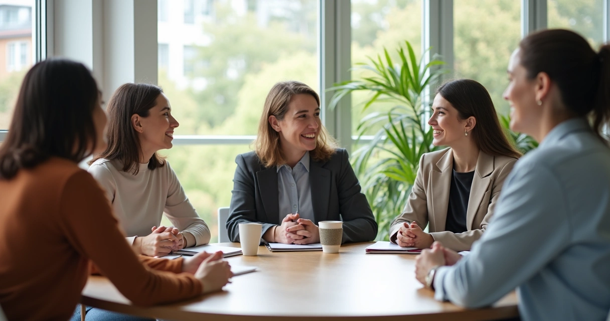 Group of people talking around a table, hands gesturing as they listen attentively.