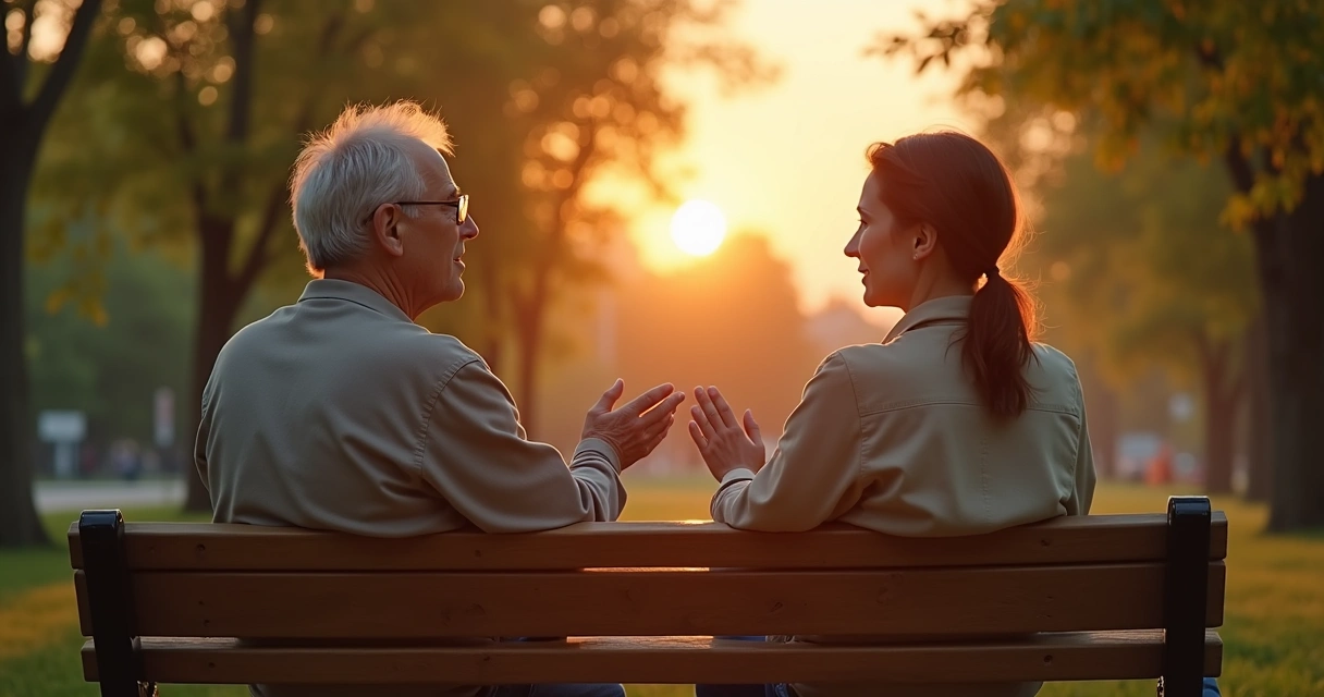 Two friends talking quietly on a park bench at sunset 