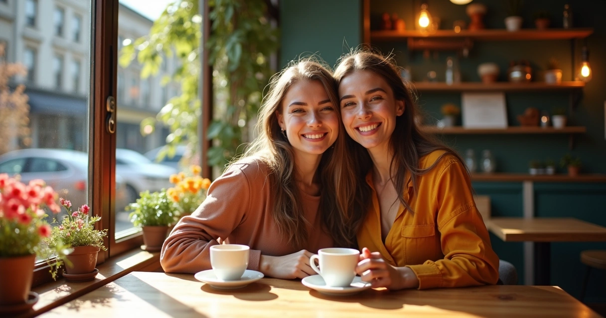 Two women friends hugging at a cafe table 