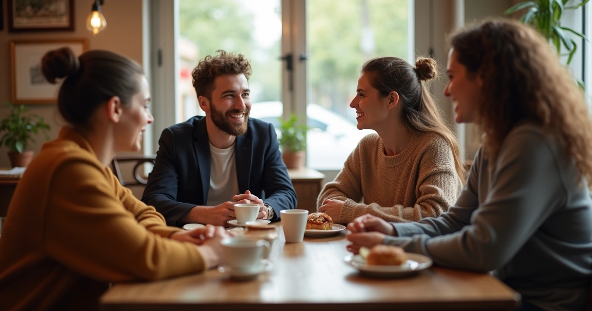 Group of friends talking at a table and enjoying conversation