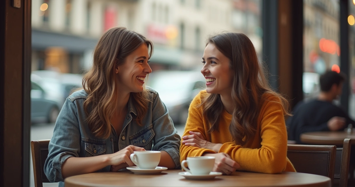 Two friends talking and laughing over coffee at a cafe 