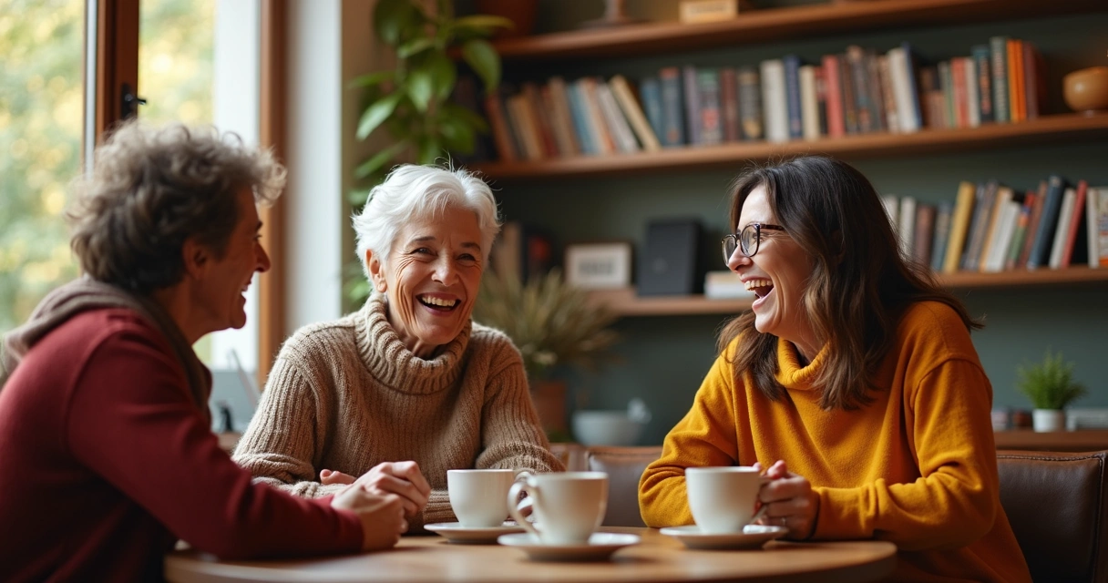Friends talking over coffee at a sunlit table. 