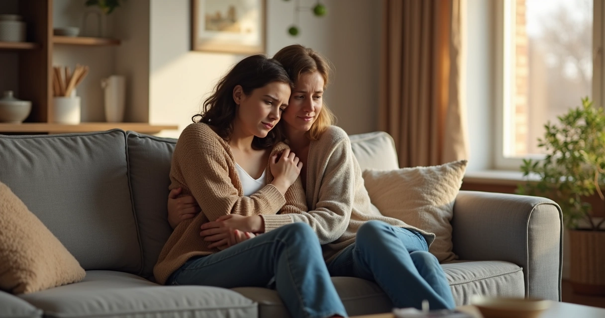 Two friends sitting together, one comforting the other in a modern living room