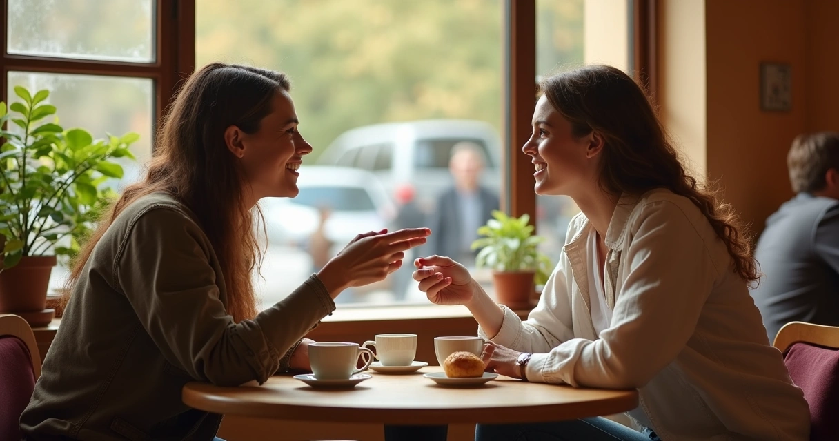 Two friends sitting in a cafe, talking and smiling during a deep conversation
