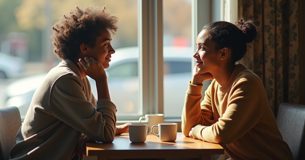 Two friends having an open conversation over coffee
