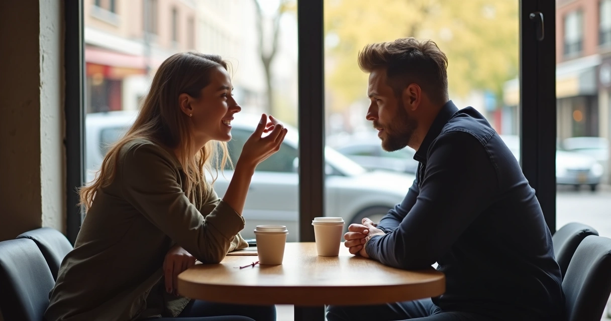 Two friends talking in a café, one looking defensive 