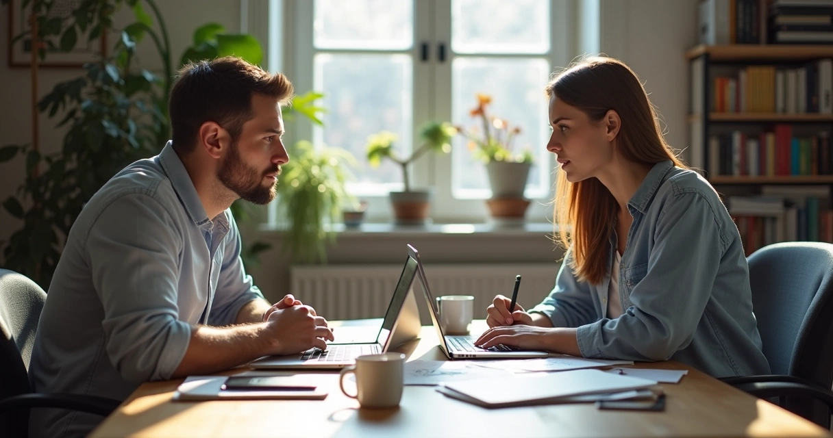 Two people sitting at a small table, having a serious conversation with laptops and papers between them. 