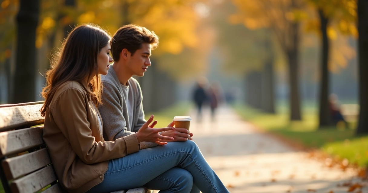 Two friends talking on a park bench reconnecting after conflict 