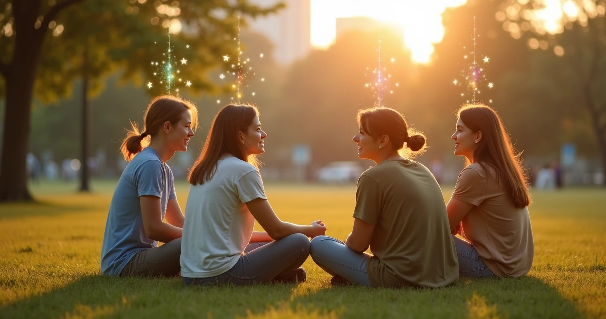Group of friends in a park connected by subtle glowing threads 