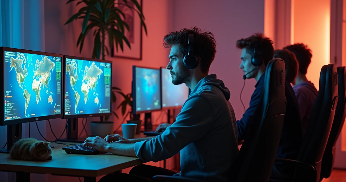 Group of friends using gaming laptops and desktops for multiplayer session 