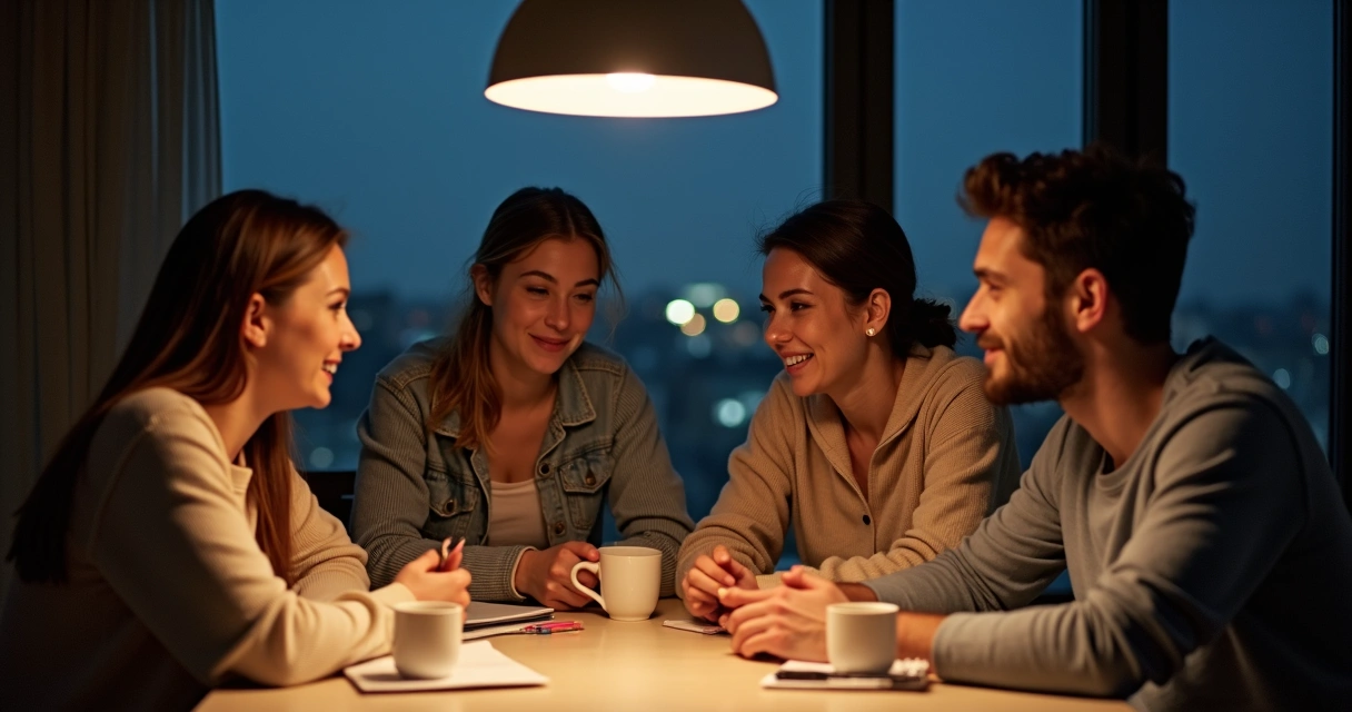 Friends having an honest conversation around a table, showing mutual respect 