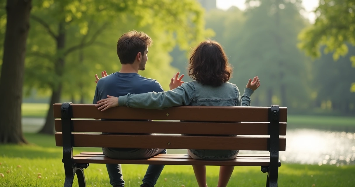 Two friends listening and supporting each other on a park bench 