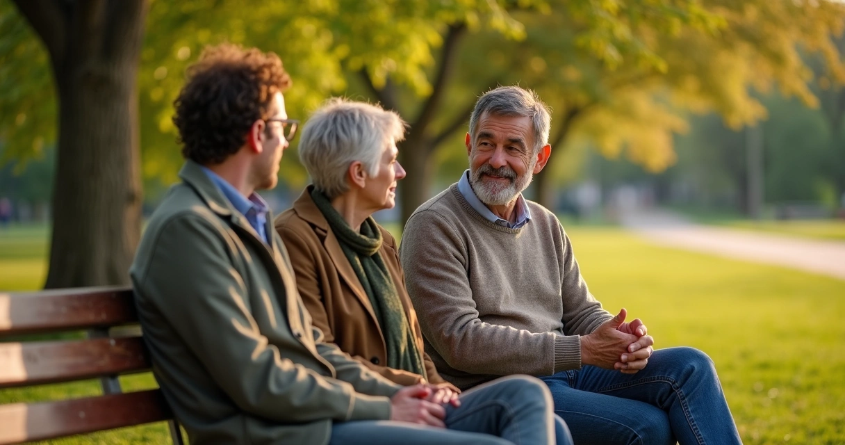Three friends talking on a park bench