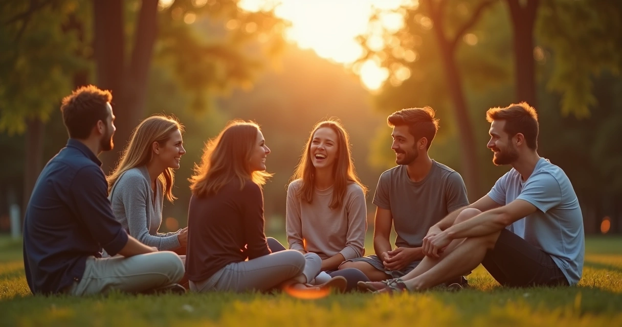 Group of friends sitting in a circle, reflecting each other's body language. 