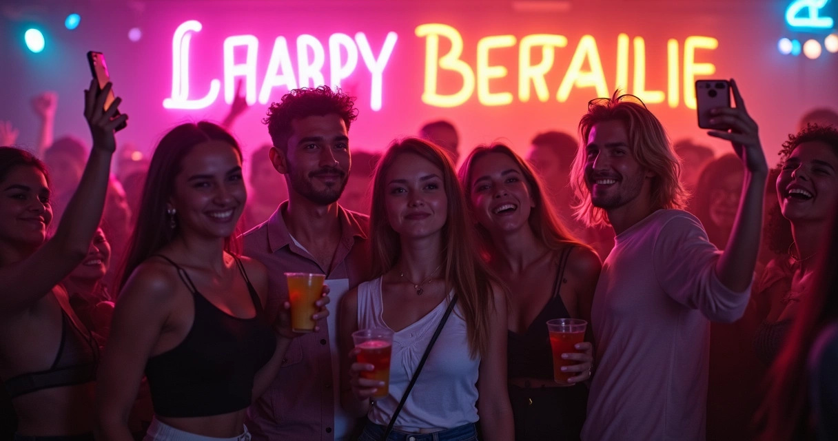 Group of friends at a party holding drinks and taking selfies 