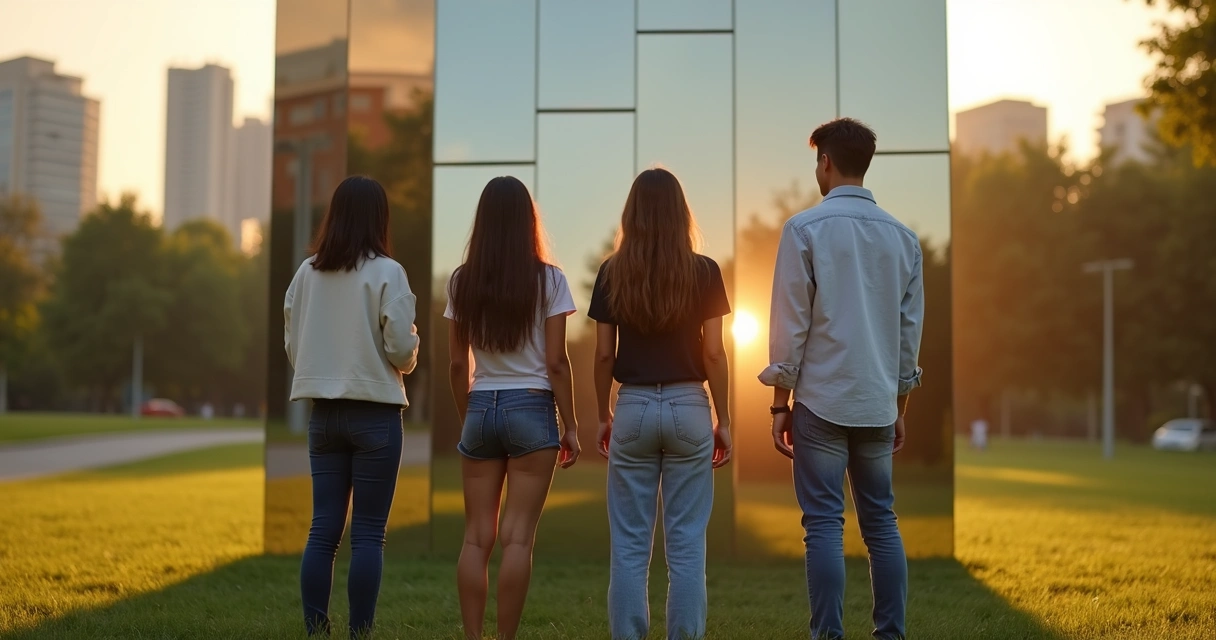 Group of friends reflected differently in a large fragmented mirror sculpture 