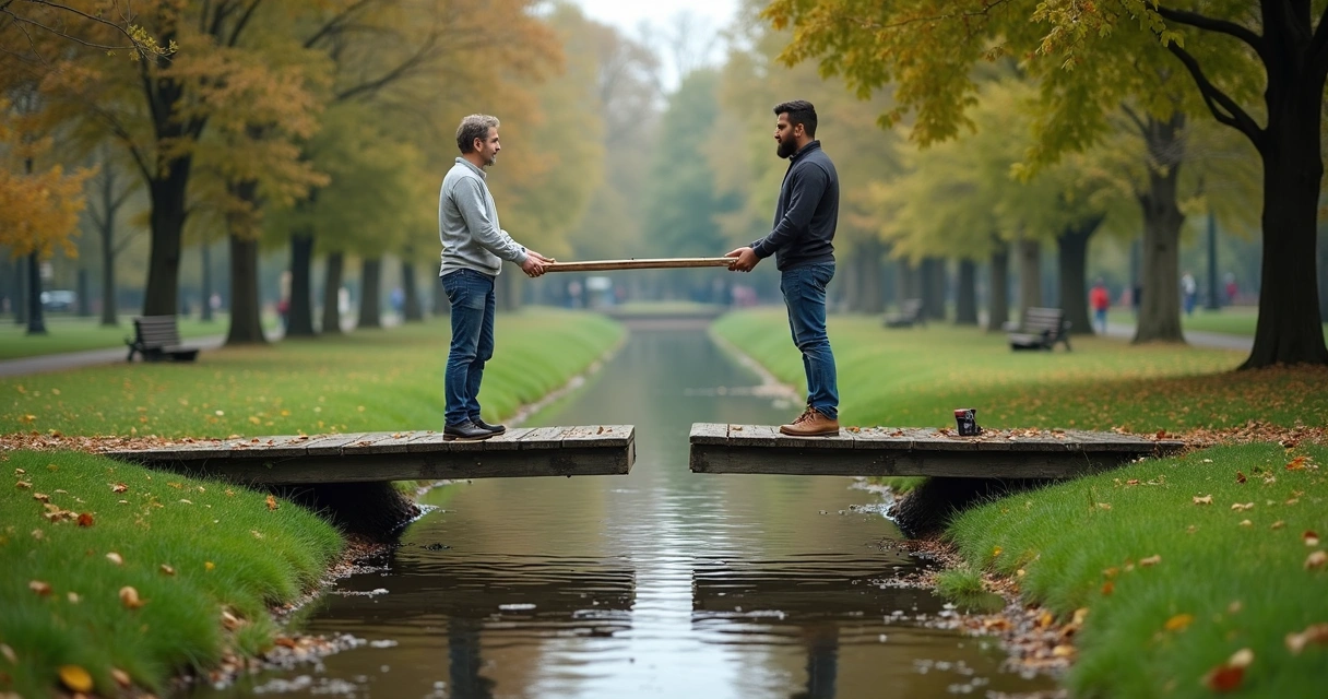 Two friends meeting in the middle of a small wooden bridge being rebuilt 